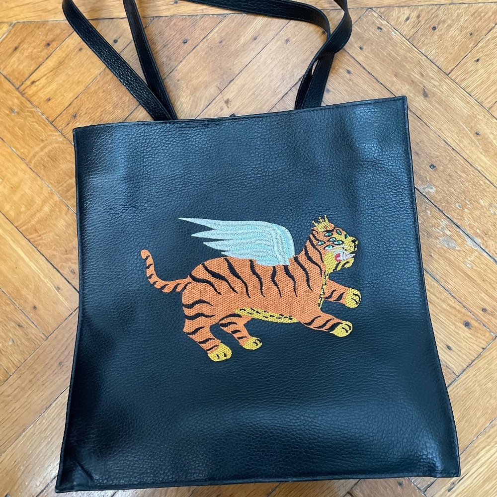 Min & Mon Marko Black Leather Tote Bag - Flying Tiger Embroidery